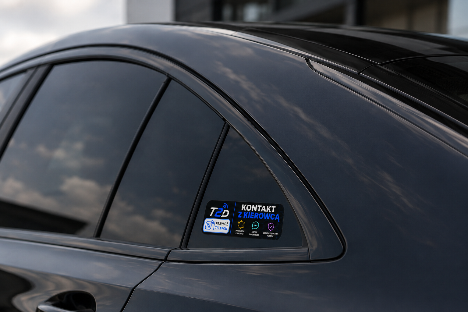 Czarne auto z naklejką NFC Tap2Driver na tylnej szybie