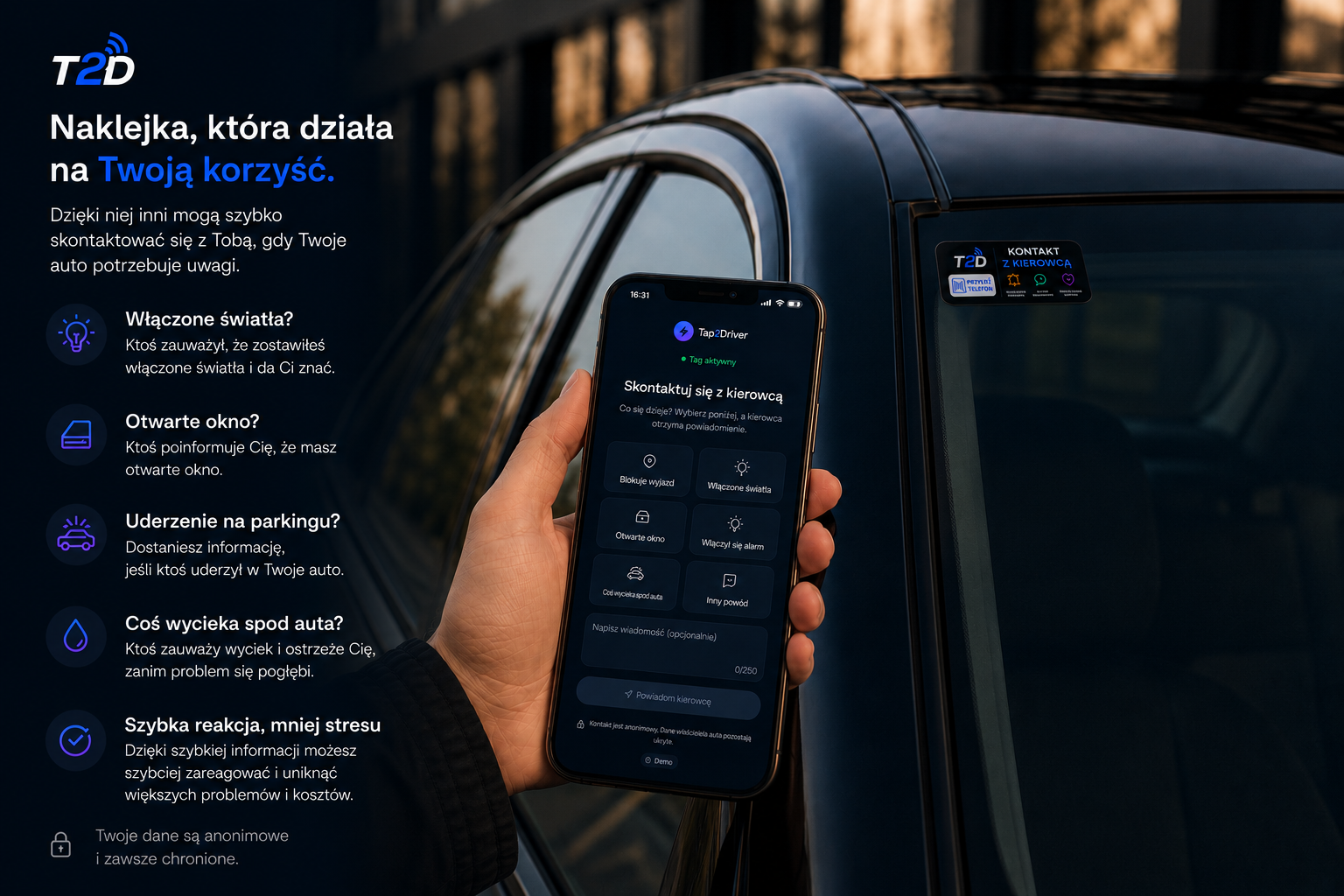 Ekran zgłoszenia Tap2Driver: naklejka NFC to punkt wejścia, a właściciel auta od razu dostaje informację o problemie