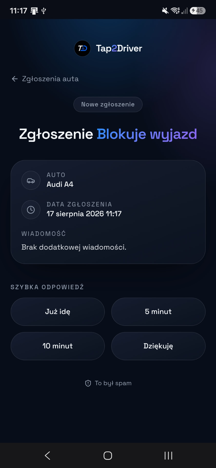 Powiadomienie o nowym zgłoszeniu na telefonie kierowcy z szybkimi odpowiedziami